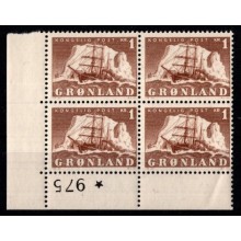 1950 Grønland - Ishavsskibet Gustav Holm - AFA 34 - 1 kr. brun - 4-blok med rand - postfrisk.